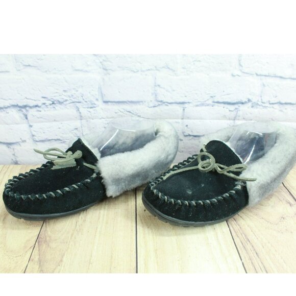LL Bean Black Suede Wicked Good Shearling Lined Moccasin Slippers Size 10 M - Picture 2 of 8